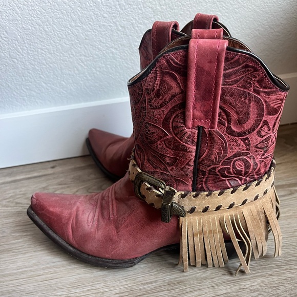 Eight Second Angel Angelica Rose Embossed Fringe Heel Leather Cowgirl Boots - Picture 6 of 7